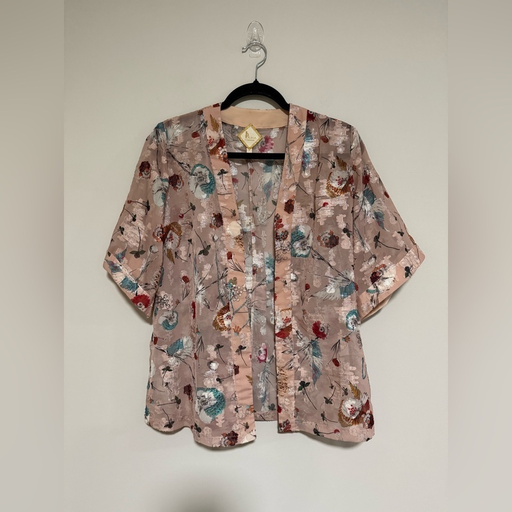 Luba Floral Metallic Sheer Kimono Cardigan Topper Small Boho Romantic Fairy